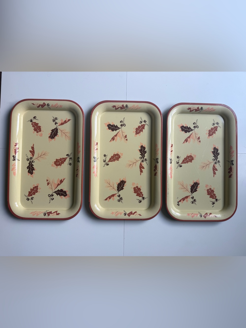 Vtg Pink & Brown Leaf Metal serving Trays Retro 1950's Fall-SET OF 3